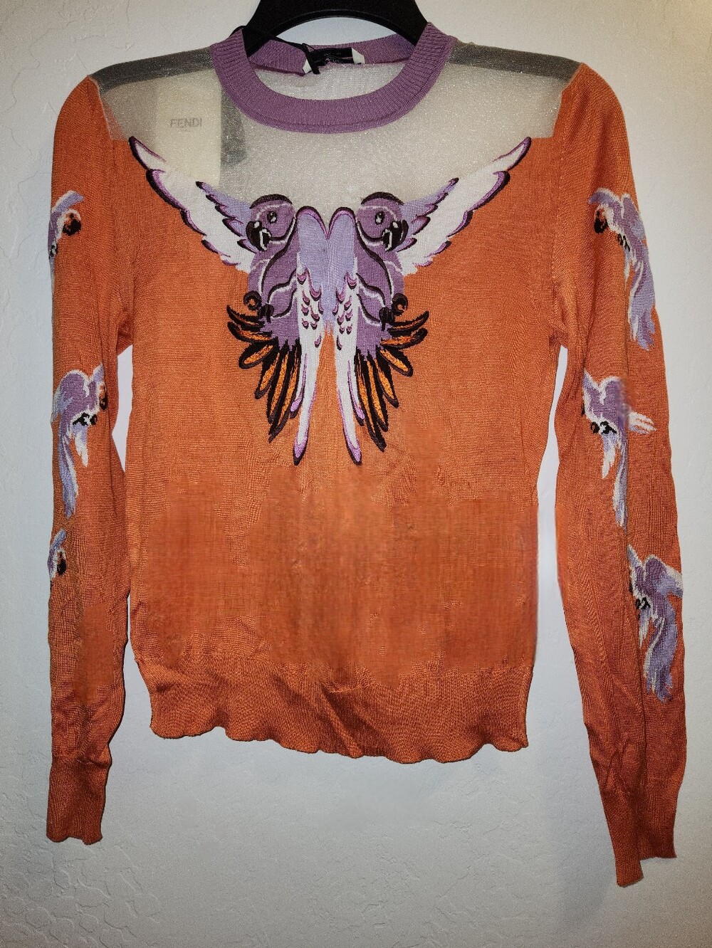NWT Fendi Silk Knit Top Bird Animal Print Multicolor Embroidered Coral Orange